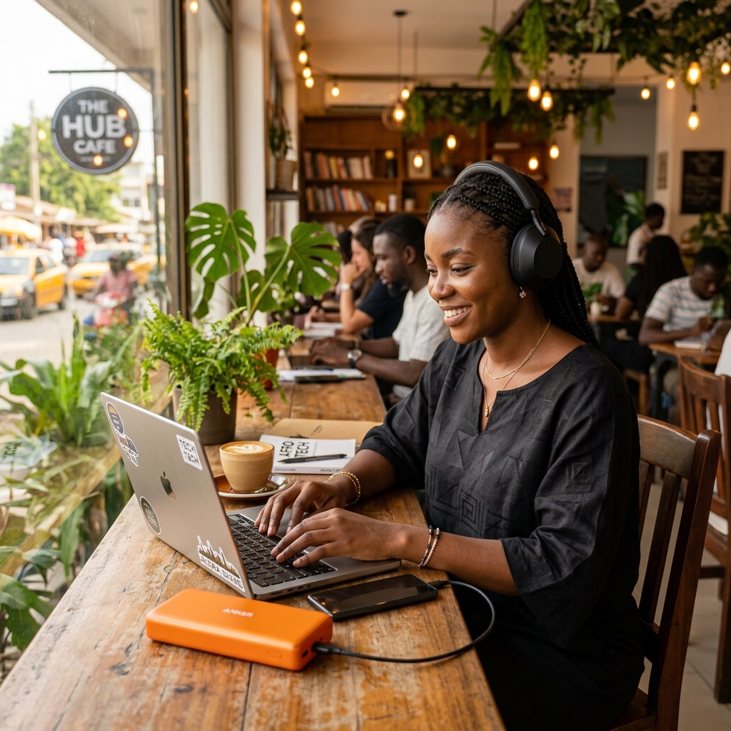 Young Ghanaian tech creative working productively wearing headphones at an Accra cafe